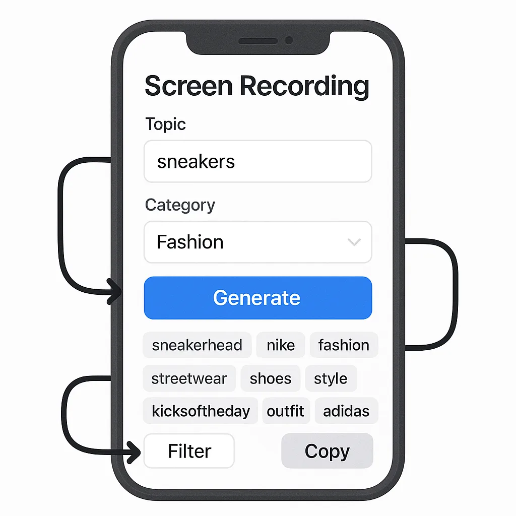 Screen recording placeholder of entering a topic, selecting a category, generating tags, filtering, and copying