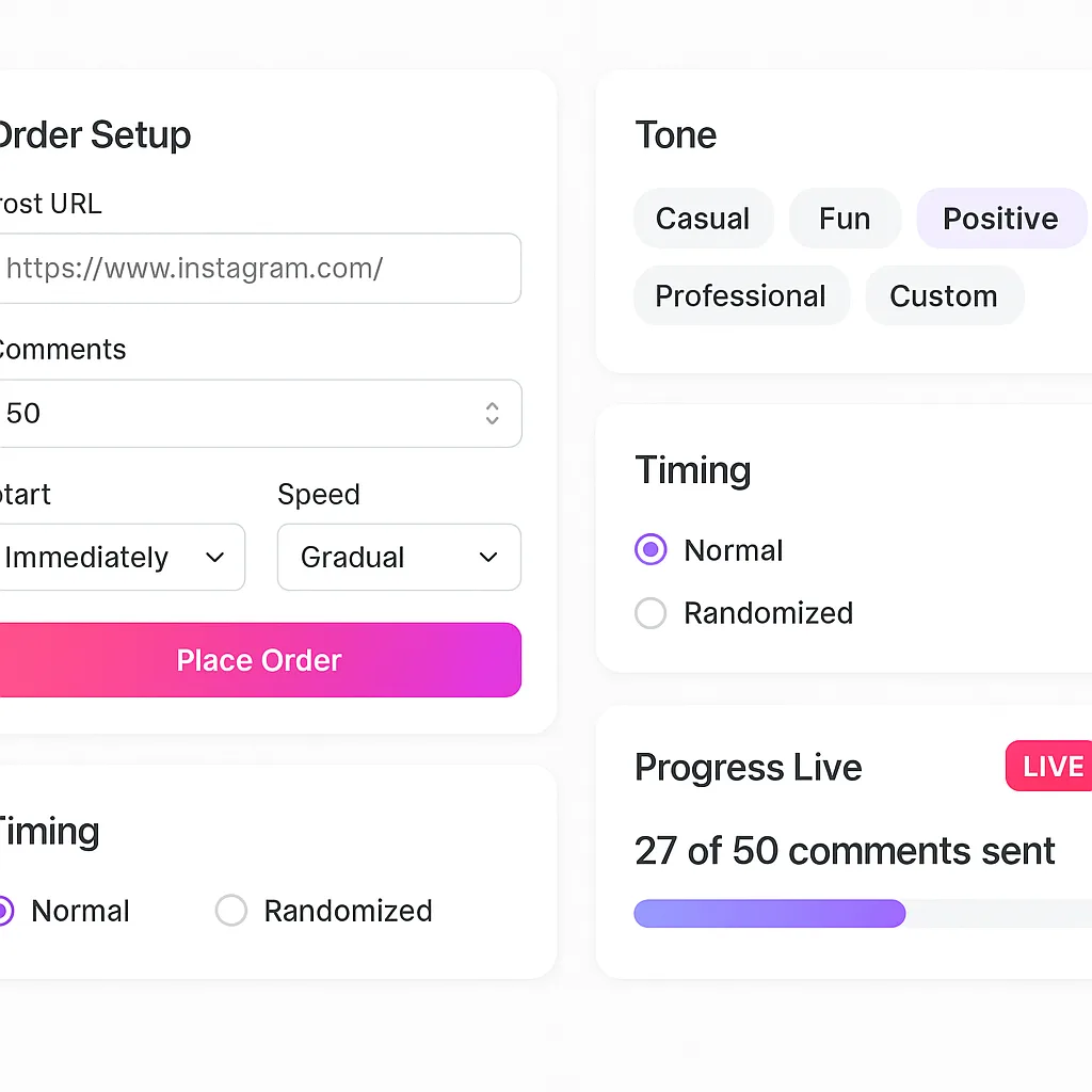 Dashboard UI showing order setup, tone controls, timing, and live progress