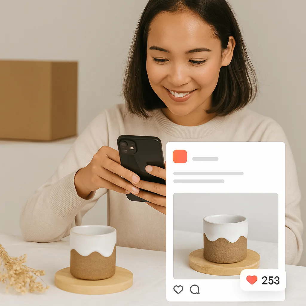 Small business owner preparing a product photo with steady likes overlay on Instagram post