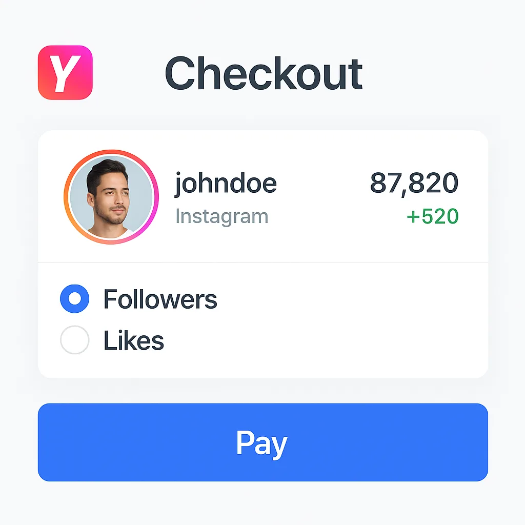 Clean UI mockup of Yuku checkout with an Instagram profile growing in follower count