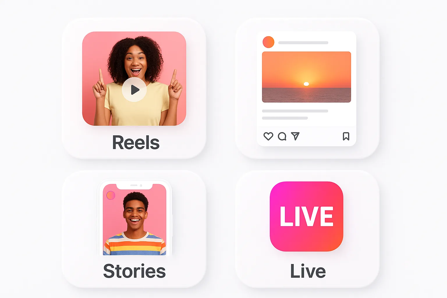 Grid of Instagram content types: Reels, Feed, Stories, Live