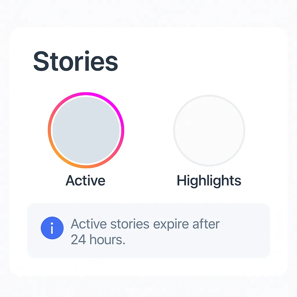 A lightweight results page with story circles labeled Active and Highlights, plus an info banner about 24-hour
expiration