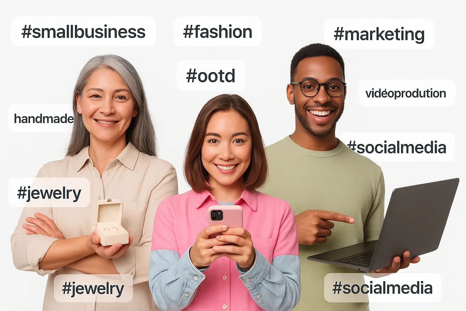 Collage of a small business owner, content creator, and social media manager with hashtag UI chips