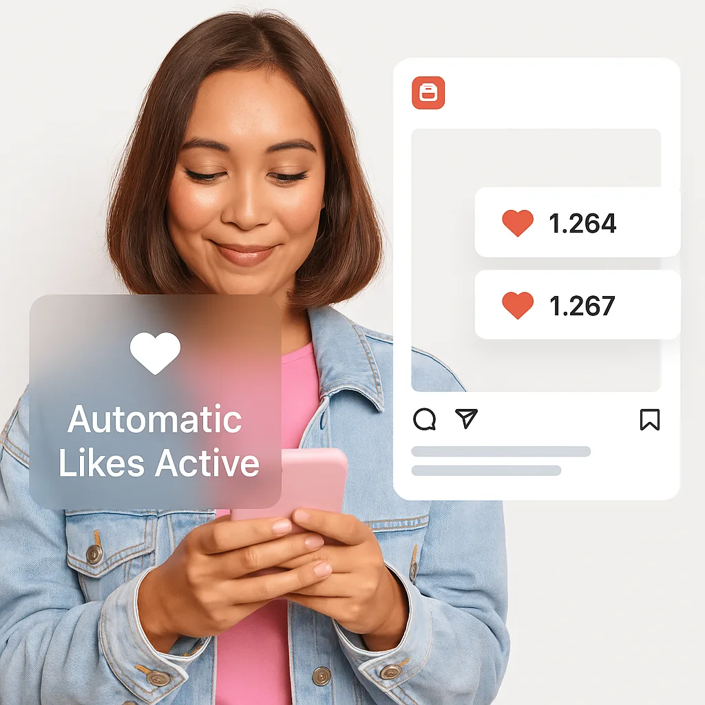 Creator holding a phone; Instagram post gaining likes automatically with a clean UI overlay that says 'Automatic Likes Active'