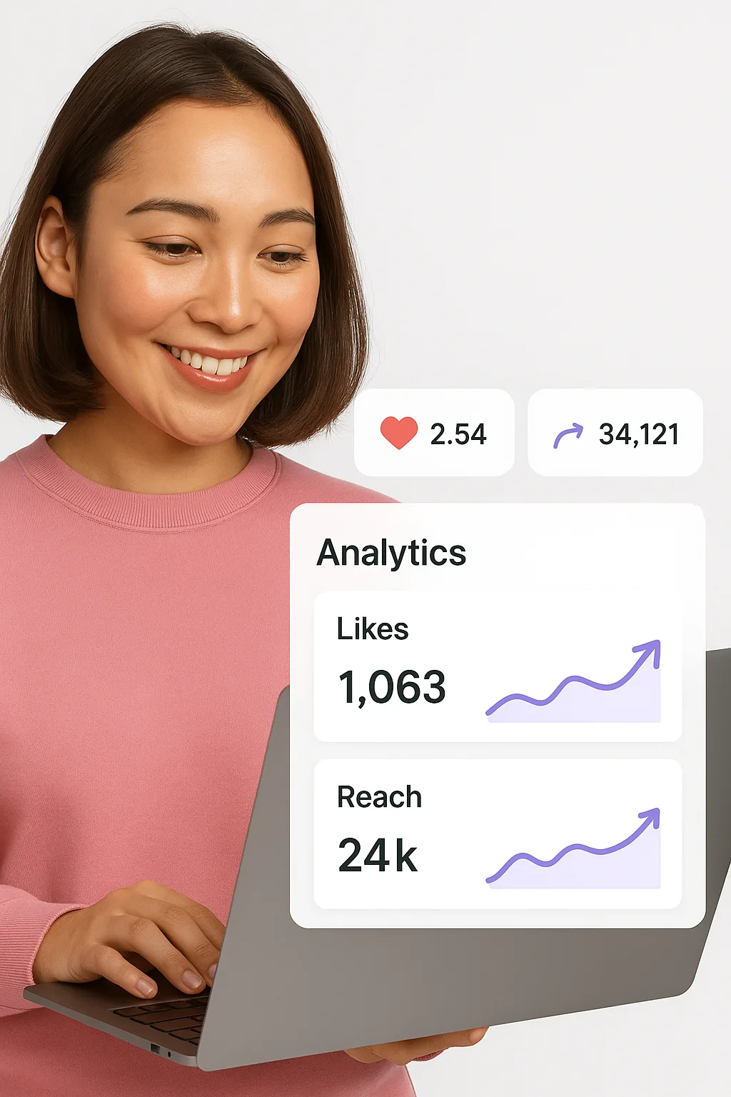 Closing visual: a satisfied creator reviewing analytics with visible growth in likes and reach